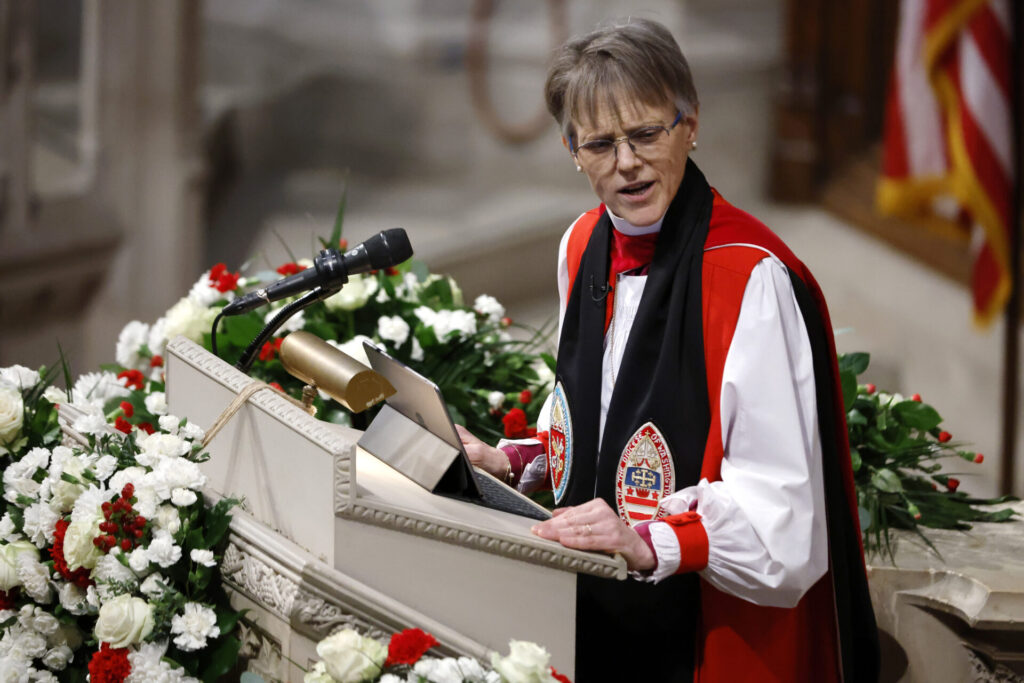 Bishop Mariann Edgar Budde delivers a sermon during the National Prayer Service at Washington National Cathedral on January 21, 2025 in Washington, DC. Tuesday marks Trump's first full day of his second term in the White House.