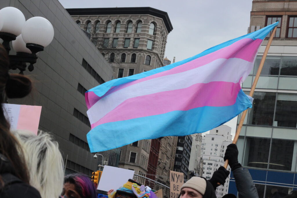 IMG_2641 | GLAAD Transgender flag flies in Union Square this weekend for the "Rise Up For Trans Youth" rally. the flag is blue, pink and white.