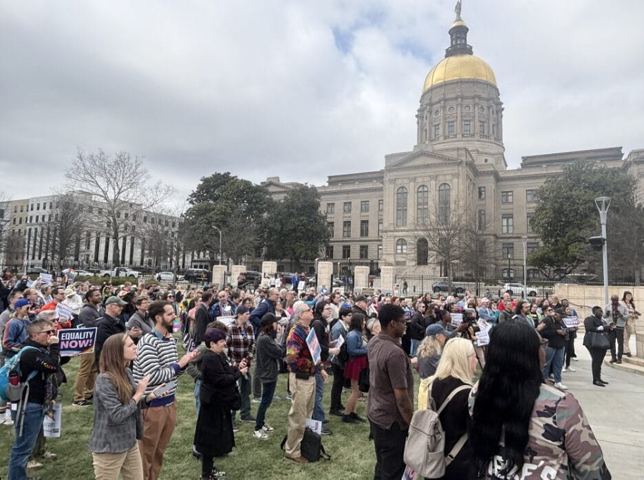 LGBTQ advocates and allies attend the “Pride to the Capitol" rally at Liberty Plaza in downtown Atlanta on March 4, 2025.